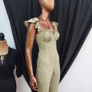 PrettyLittleThing Khaki Ruffle Shoulder Jumpsuit
